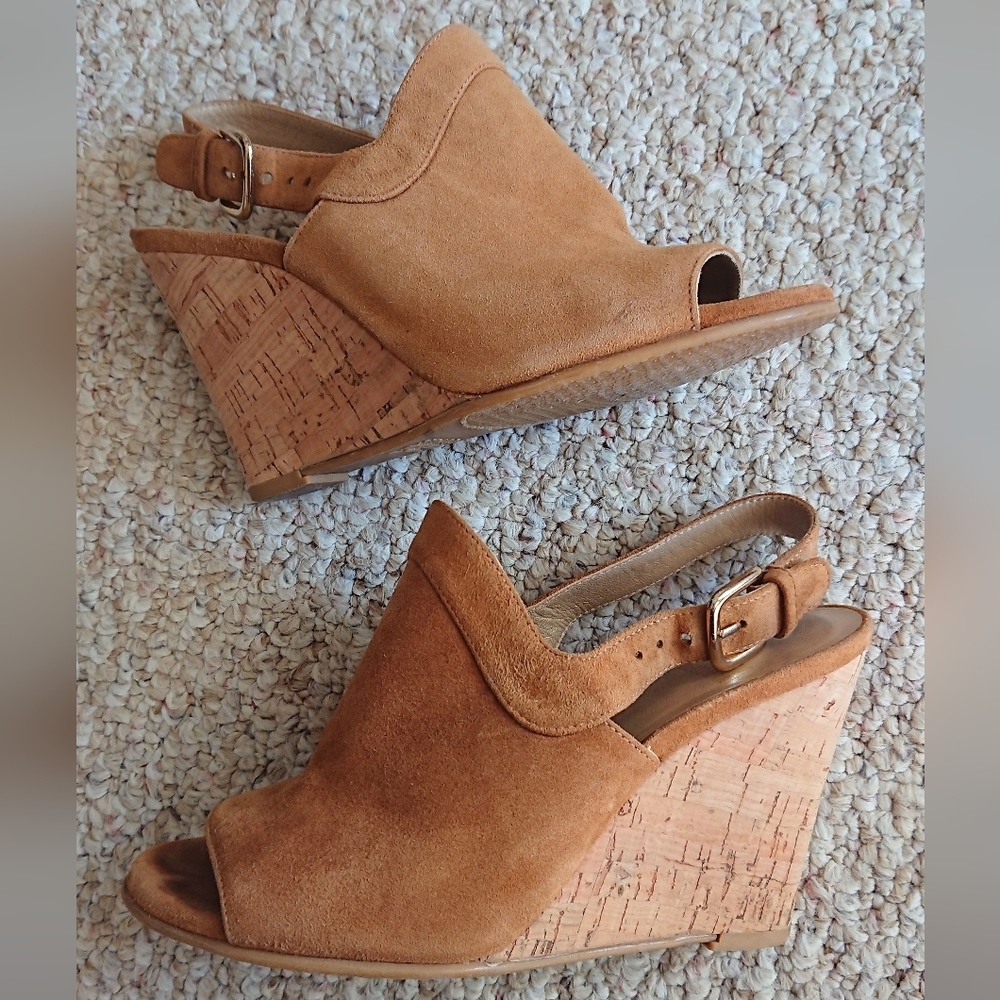 Stuart Weitzman Tan Suede Cork Wedge Sandals